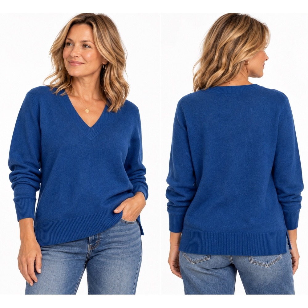Saks Fifth Avenue Cashmere Sweater M Blue V-Neck High-Low Side Slit Luxury Knit